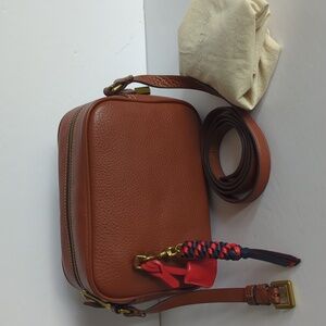 J. Crew Tan Leather Crossbody Bag with Red Accent
